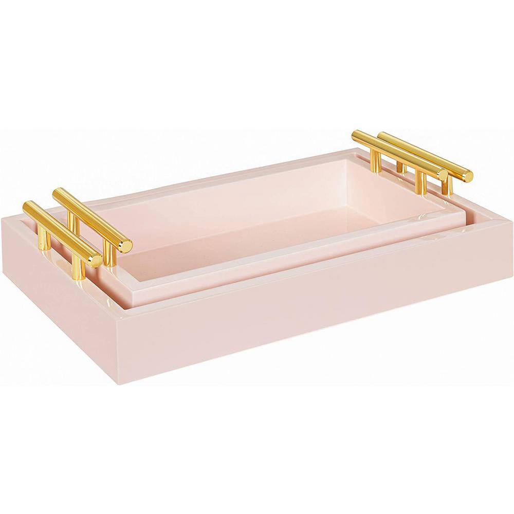 None 14 in. L x 8.5 in. W Pink Rectangle Wood Tray Set, (Set of 2)