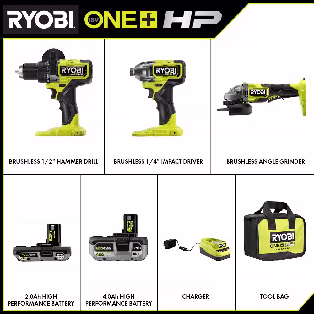 RYOBI ONE+ HP 18V Brushless Cordless 3-Tool Combo Kit w/Hammer Drill, Impact Driver, Angle Grinder, Batteries, Charger, & Bag