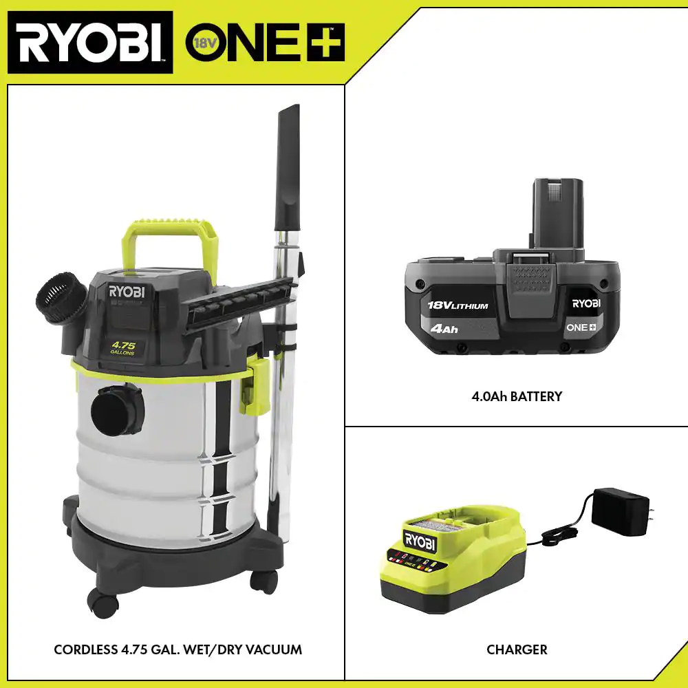RYOBI ONE+ 18V Cordless 4.75 Gal. Wet/Dry Vacuum Kit with 4.0 Ah Battery and Charger