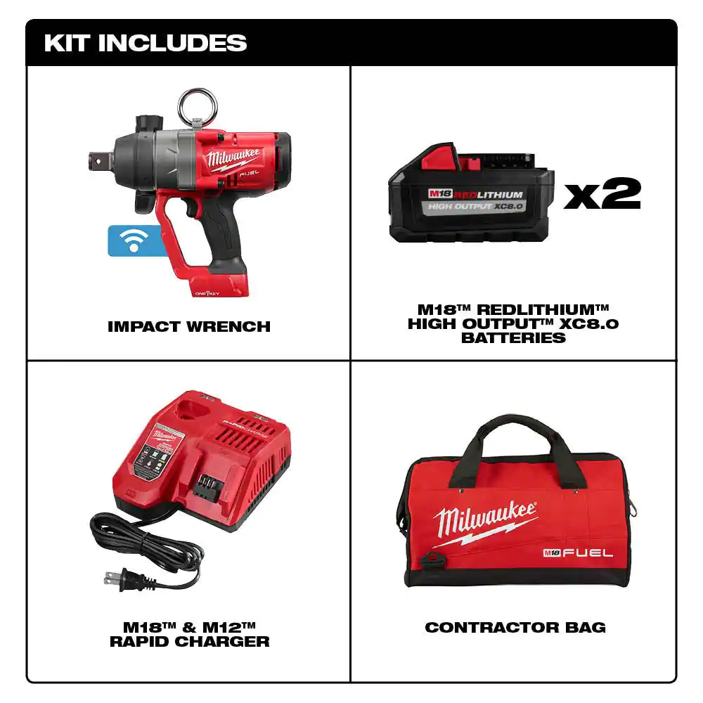 Milwaukee M18 FUEL ONE-KEY 18V Lithium-Ion Brushless Cordless 1 in. Impact Wrench with Friction Ring and Two 8.0 Ah Batteries