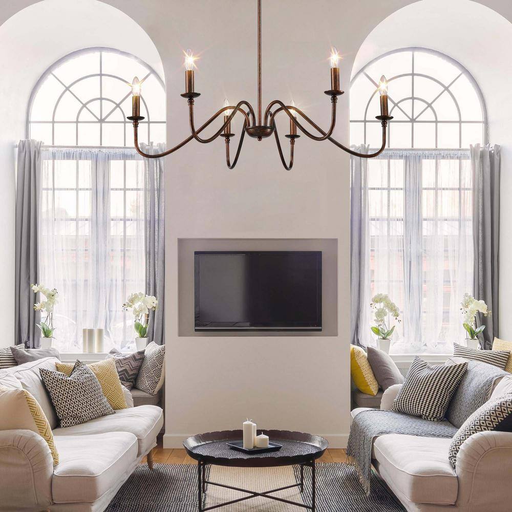 SILJOY Bronze Iron Candelabra Chandelier 34 in. Rustic Farmhouse 6-Light Fixture for Dining Room Foyer Entryway Kitchen Bedroom