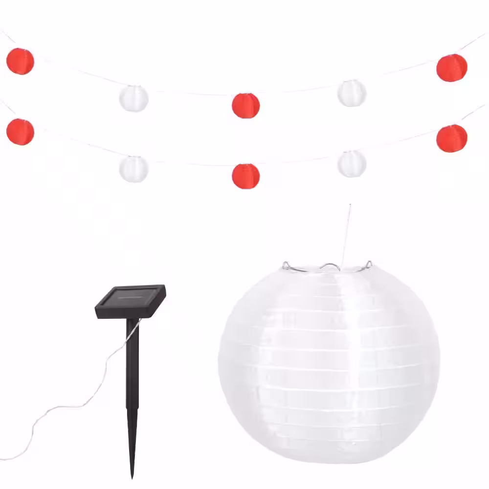None 32 ft. Outdoor 10-Light Solar Chinese Lantern Integrated LED String Light in Red/White