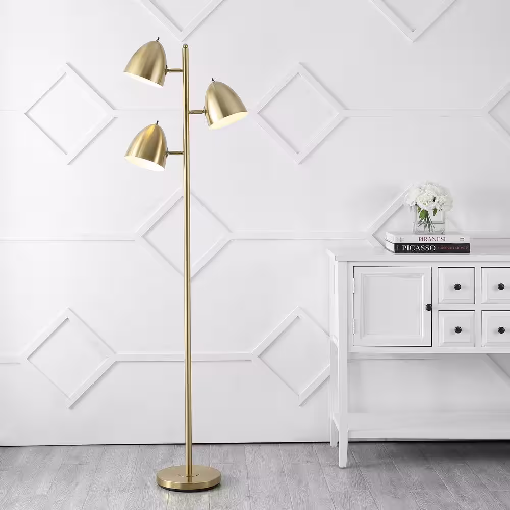 JONATHAN Y Billy 66.5 in. Brass Gold3-Light Modern Contemporary Iron LED Floor Lamp