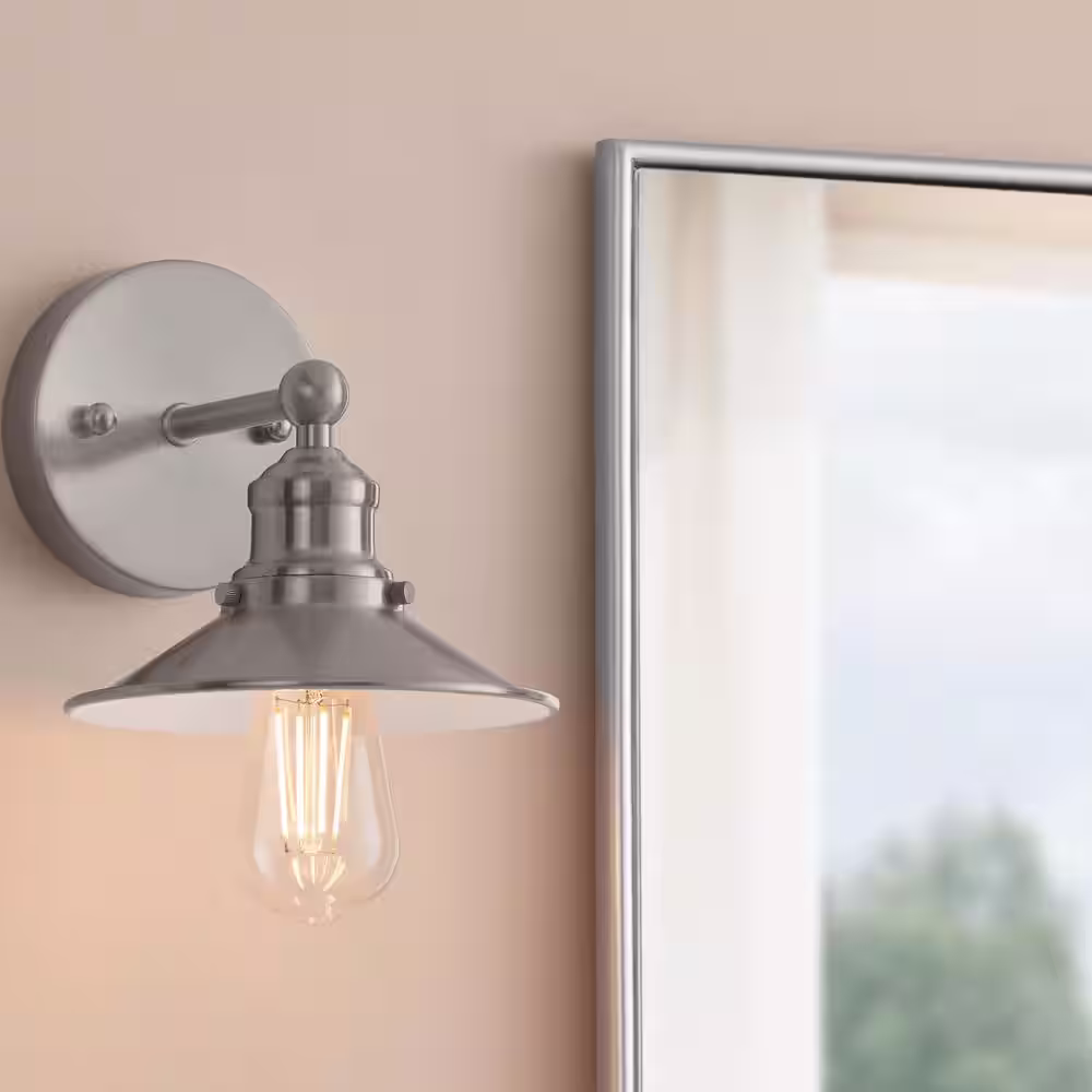 Hampton Bay Glenhurst 1-Light Brushed Nickel Industrial Farmhouse Indoor Wall Sconce Light Fixture with Metal Shade