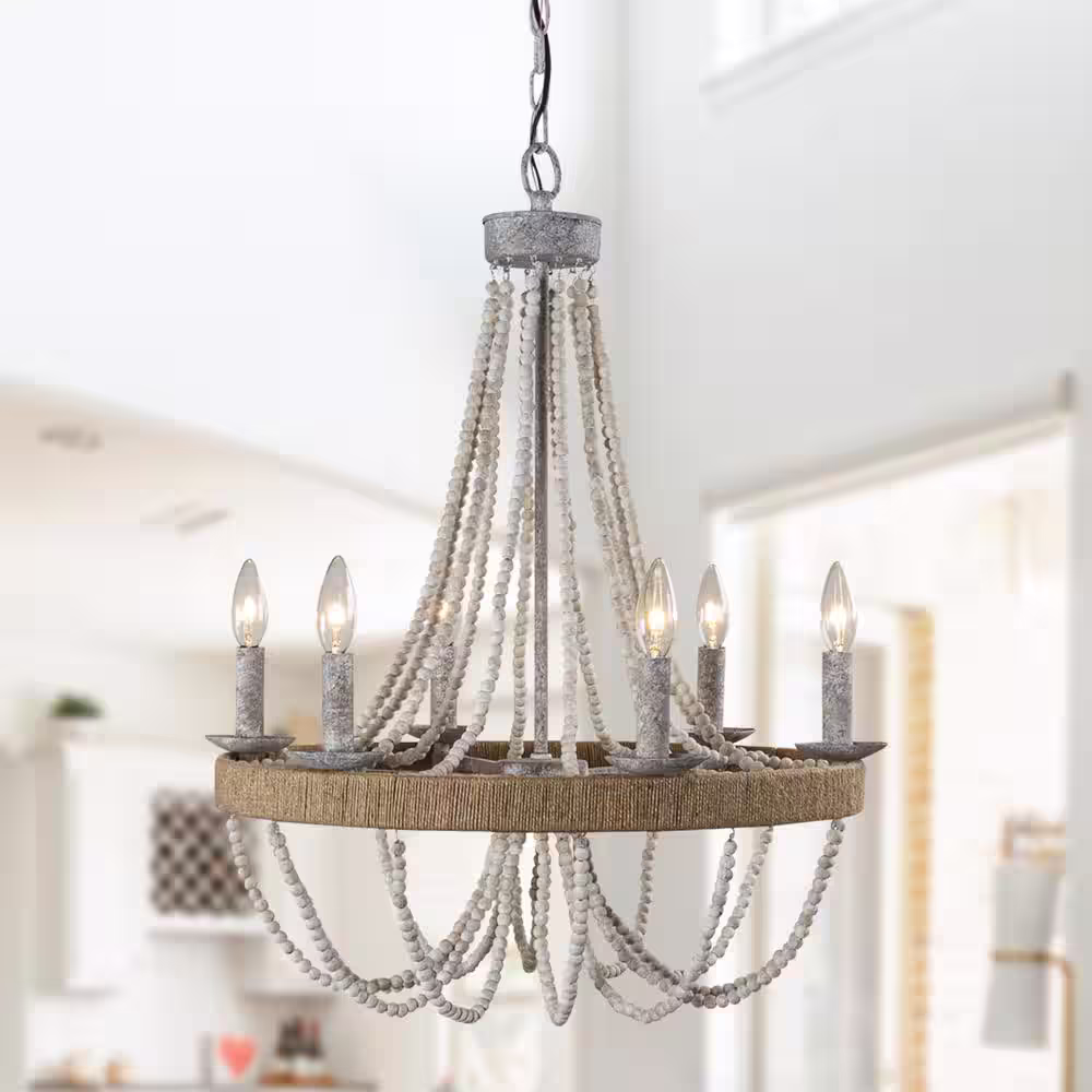 Flint GARDEN Farmhouse 6-Light Distressed White Wood Beaded Bohemia Chandelier with Adjustable Chain