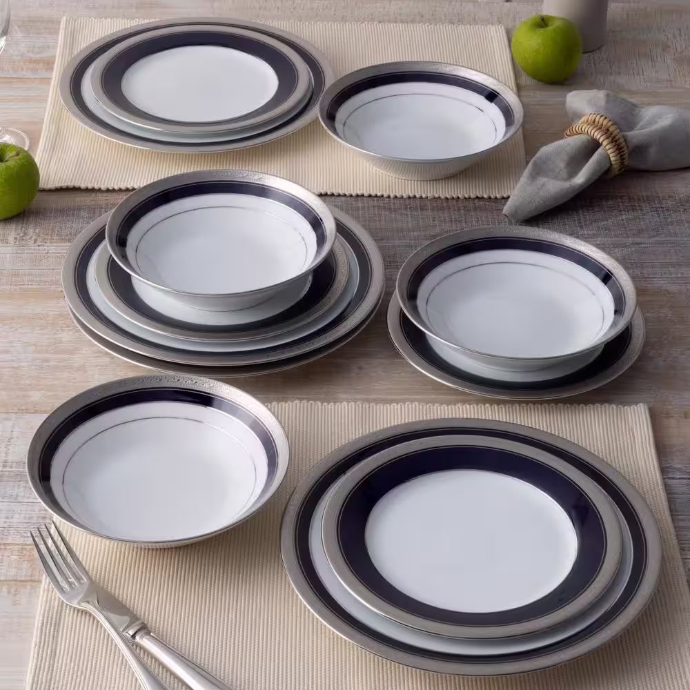Noritake Crestwood Cobalt Platinum White Porcelain 12-Piece Dinnerware Set, Service For 4