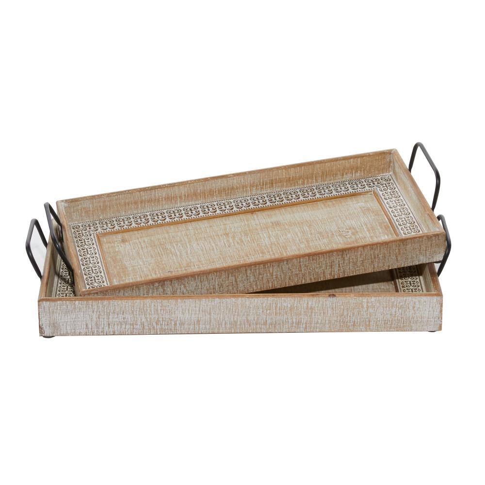 None Brown Wood Decorative Tray with White Wash (Set of 2)