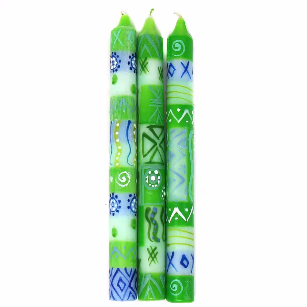 None Unscented Green Boxed Farih Design Hand-Painted Dinner Candles (Set of 3)