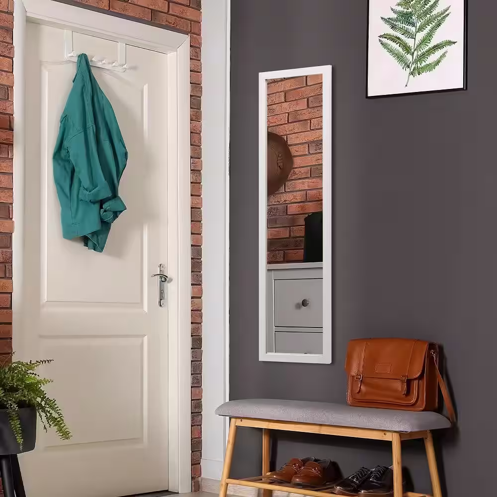 None 13 in. W x 47 in. H Wood White Framed Full Length Over The Door Mirror Hanging Hooks Wall Mount Dressing Mirror