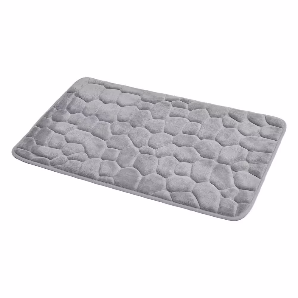 None 3D Cobble Stone Shaped Memory Foam Bath Mat Microfiber Non Slip Light Grey