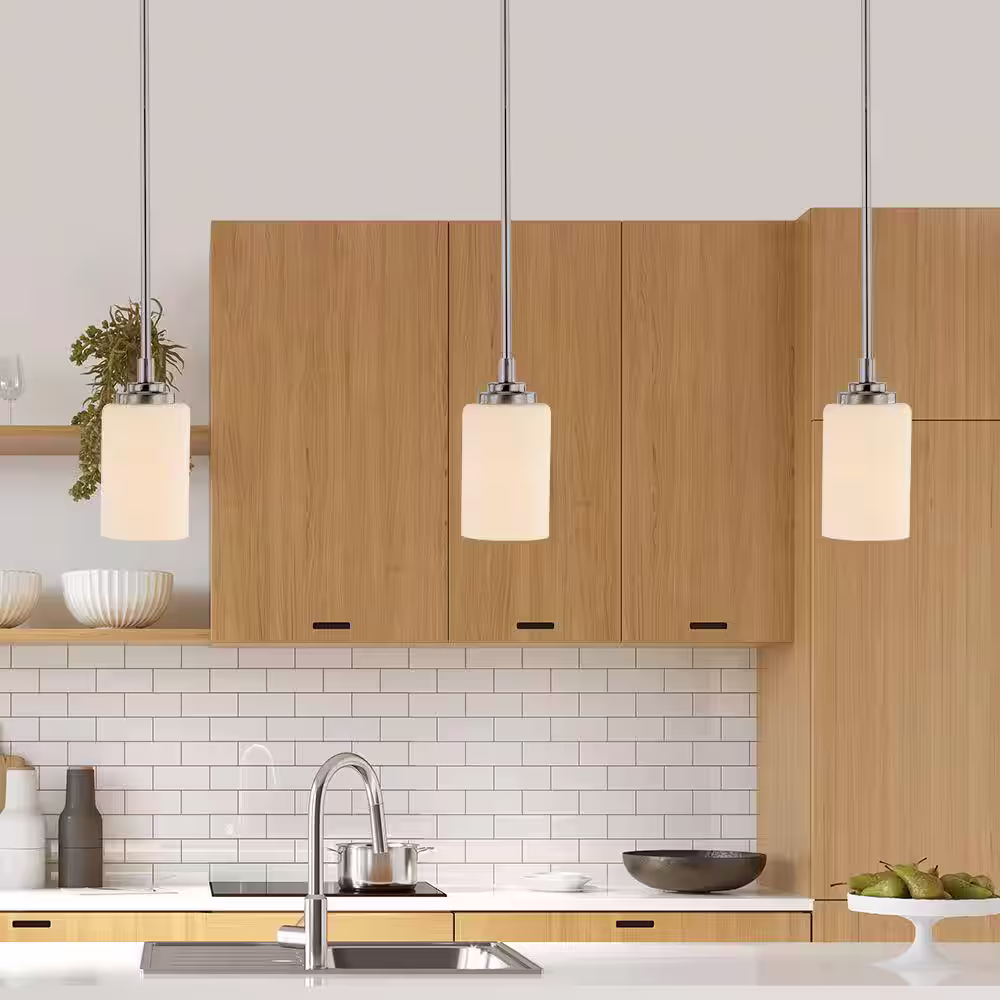 Bel Air Lighting Mod Pod 1-Light Brushed Nickel Hanging Mini Pendant Light Fixture with Frosted Glass Cylinder Shade