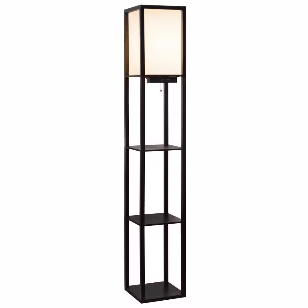 Simple Designs 62.5 in. Black Floor Lamp Etagere Organizer Storage Shelf with 2 USB Charging Ports, 1 Charging Outlet and Linen Shade