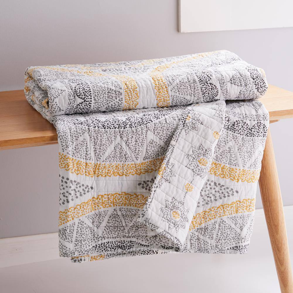 None Luiza Ochre Medallion Quilted Cotton Throw Blanket