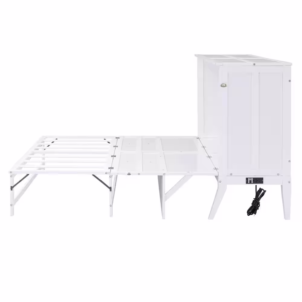 Harper & Bright Designs White Wood Frame Queen Size Murphy Bed with Built-in Charging Station, Cabinet with Desktop