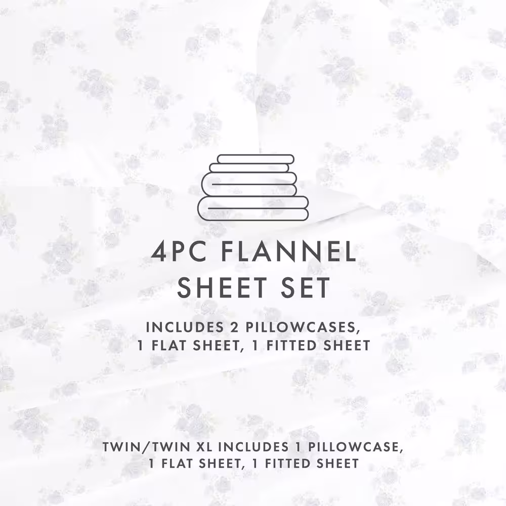 Becky Cameron Premium 4 Piece Light Blue Rose Bunch Flannel Queen Sheet Set