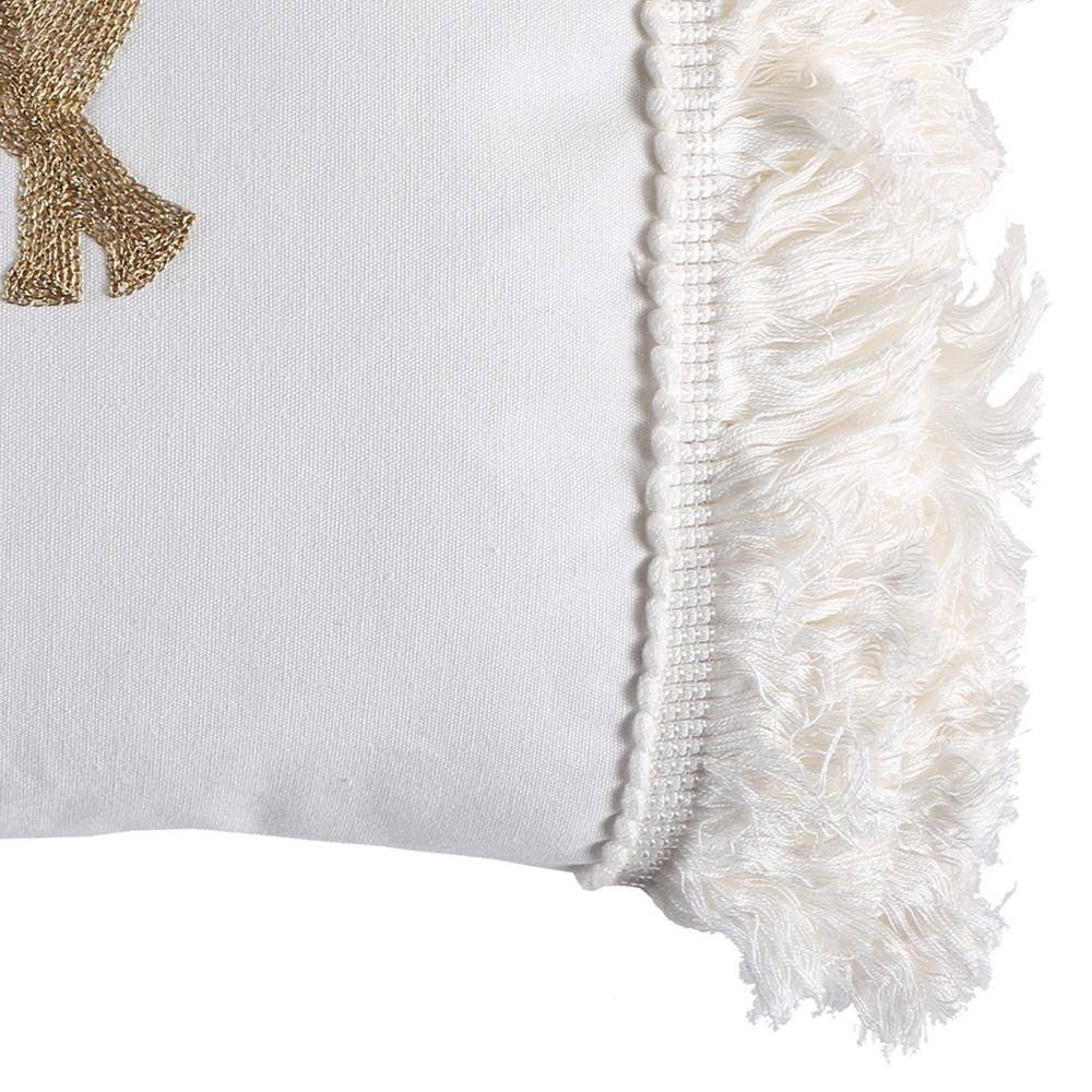 None Nacala White, Bronze Embroidered Elephant With Lush Fringe Side Edge 18 in. x 14 in. Throw Pillow