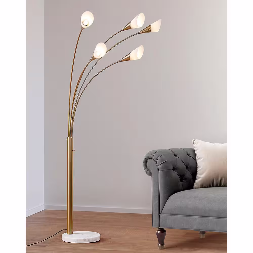 HomeGlam Flourish 85 in. 5-Light Antique Brass Dimmable LED Arch Floor Lamp with LED Bulbs