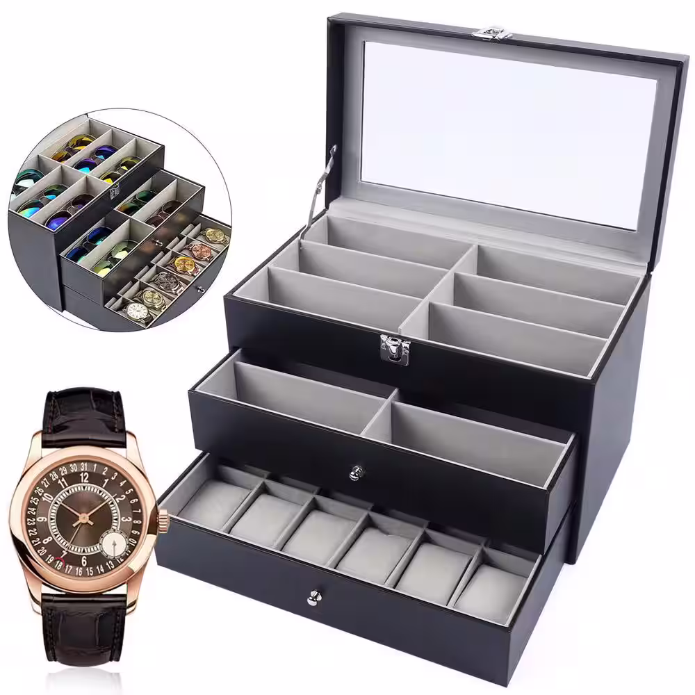 None Black Leather 12-Watch and 12-Eyeglasses Organizer Display Box With Metal Buckle