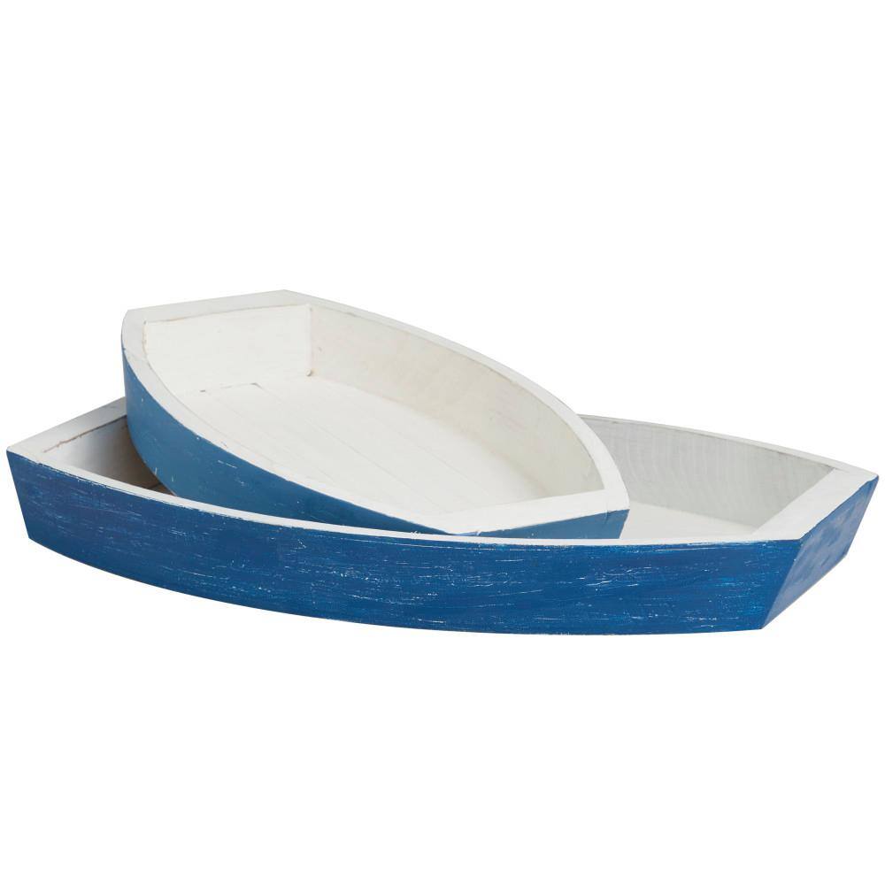 Litton Lane Blue Handmade Wood Distressed Two Toned Boat Decorative Tray (Set of 2)