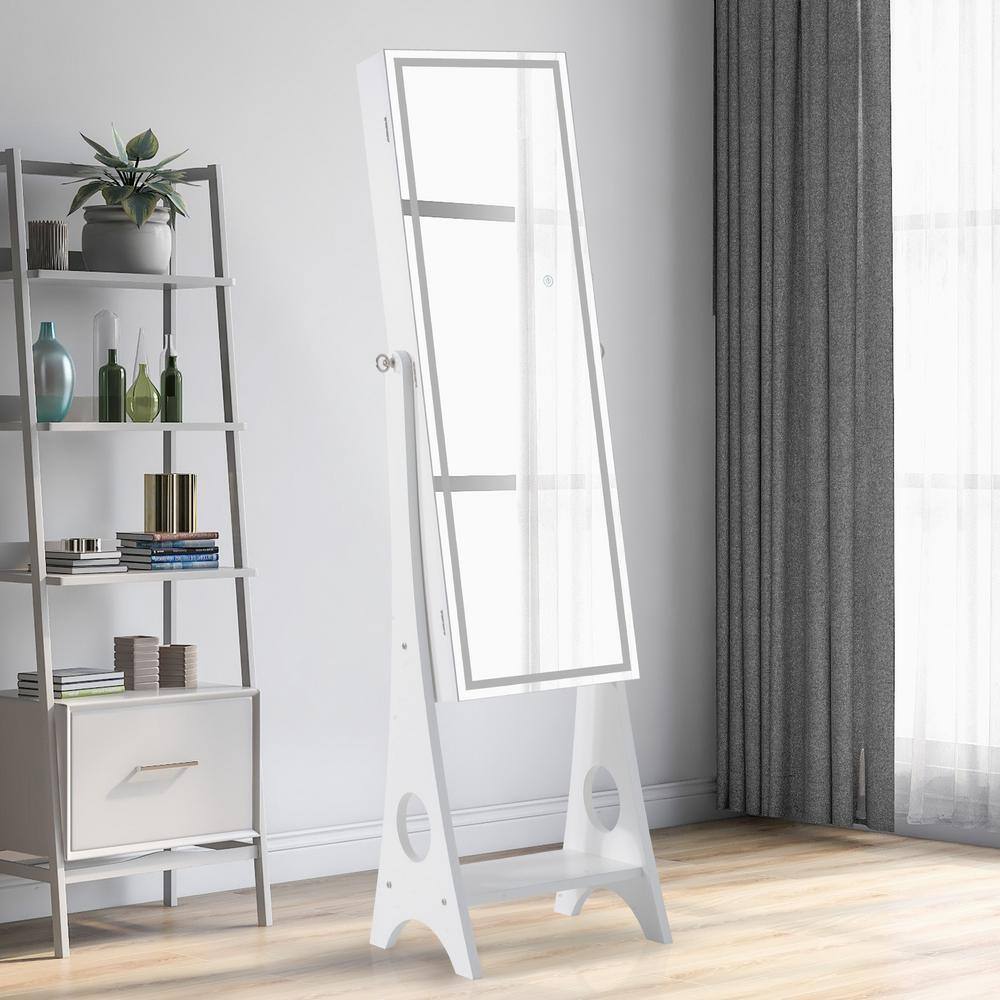 None White Freestanding Full-Length LED Jewelry Cabinet with Mirror, Lockable Mirror Jewelry Armoire Organizer with 2-Drawers