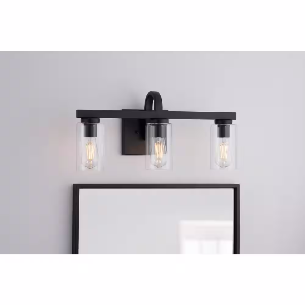 Hampton Bay Kendall Manor 22 in. 3 Light Matte Black Bathroom Vanity Light with Clear Glass Shades