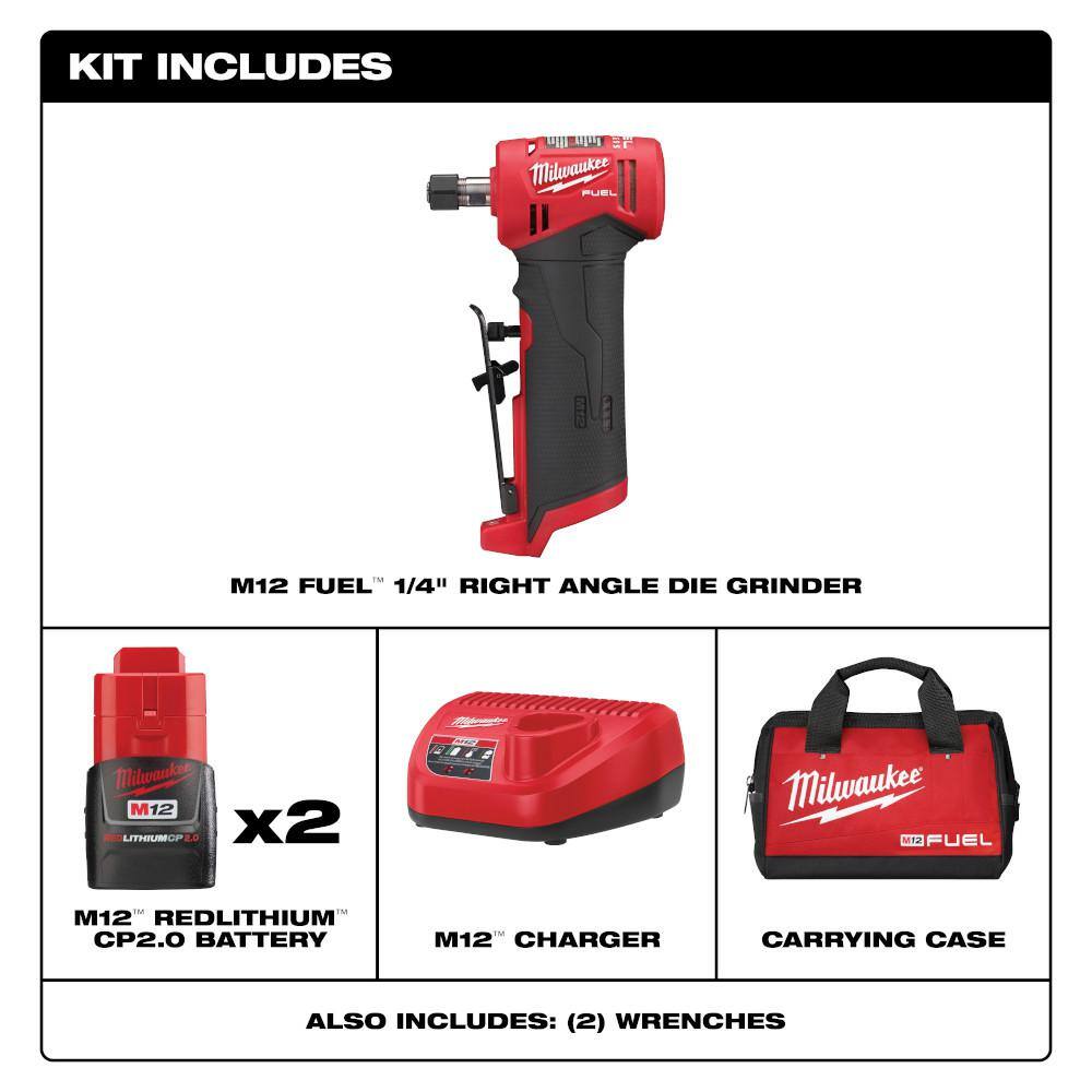 Milwaukee M12 FUEL 12V Lithium-Ion Brushless Cordless 1/4 in. Right Angle Die Grinder Kit w/M12 3/8 in. Ratchet