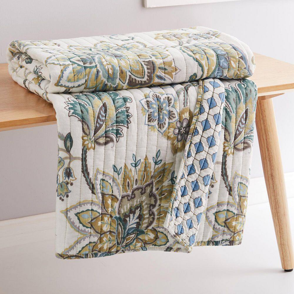 None Palladium Grey - Blue Paisley Floral Quilted Cotton Throw Blanket