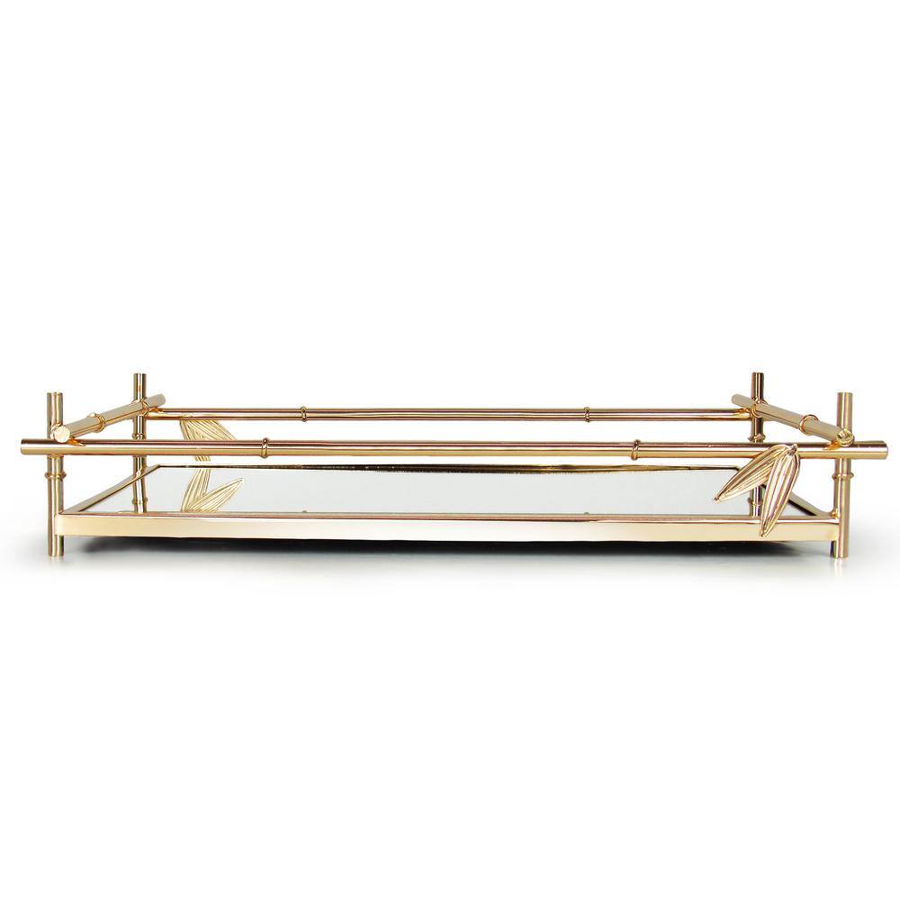 None 15 in. Bamboo Style Rectangle Metal Mirror Gold Decorative Tray