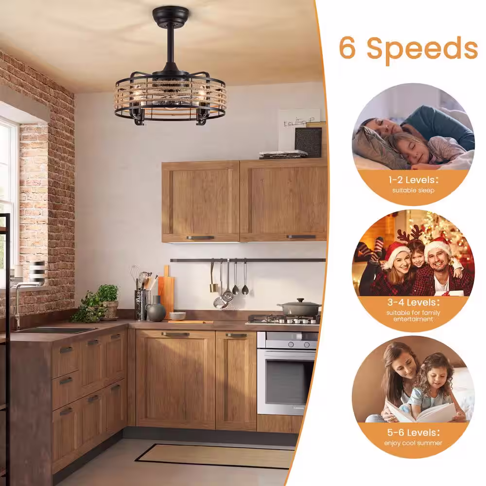 None 17 in. 4-Light Indoor Farmhouse Black Caged Ceiling Fan with Light Small Boho Low Profile Ceiling Fan with Remote