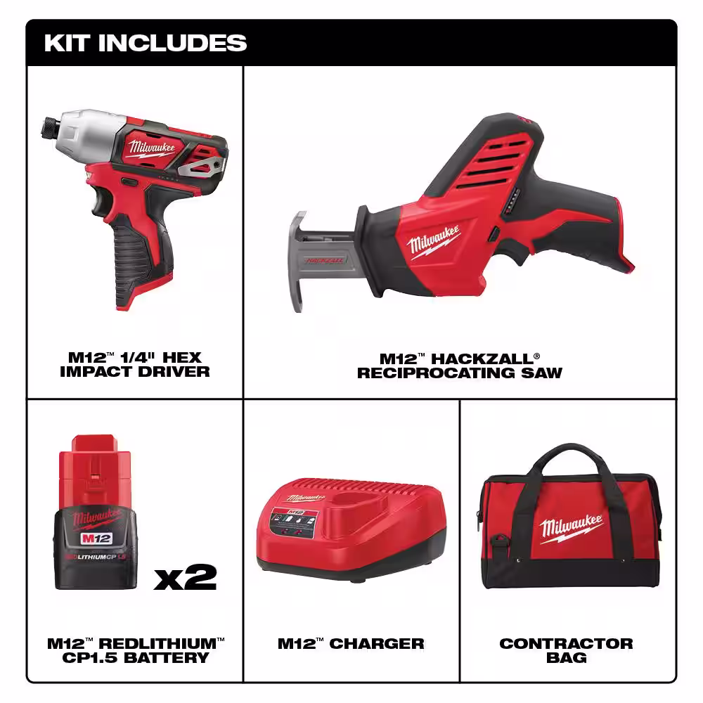 Milwaukee M12 12V Lithium-Ion Cordless Impact Driver/HACKZALL Combo Kit (2-Tool) with Two 1.5 Ah Batteries, Charger, Tool Bag