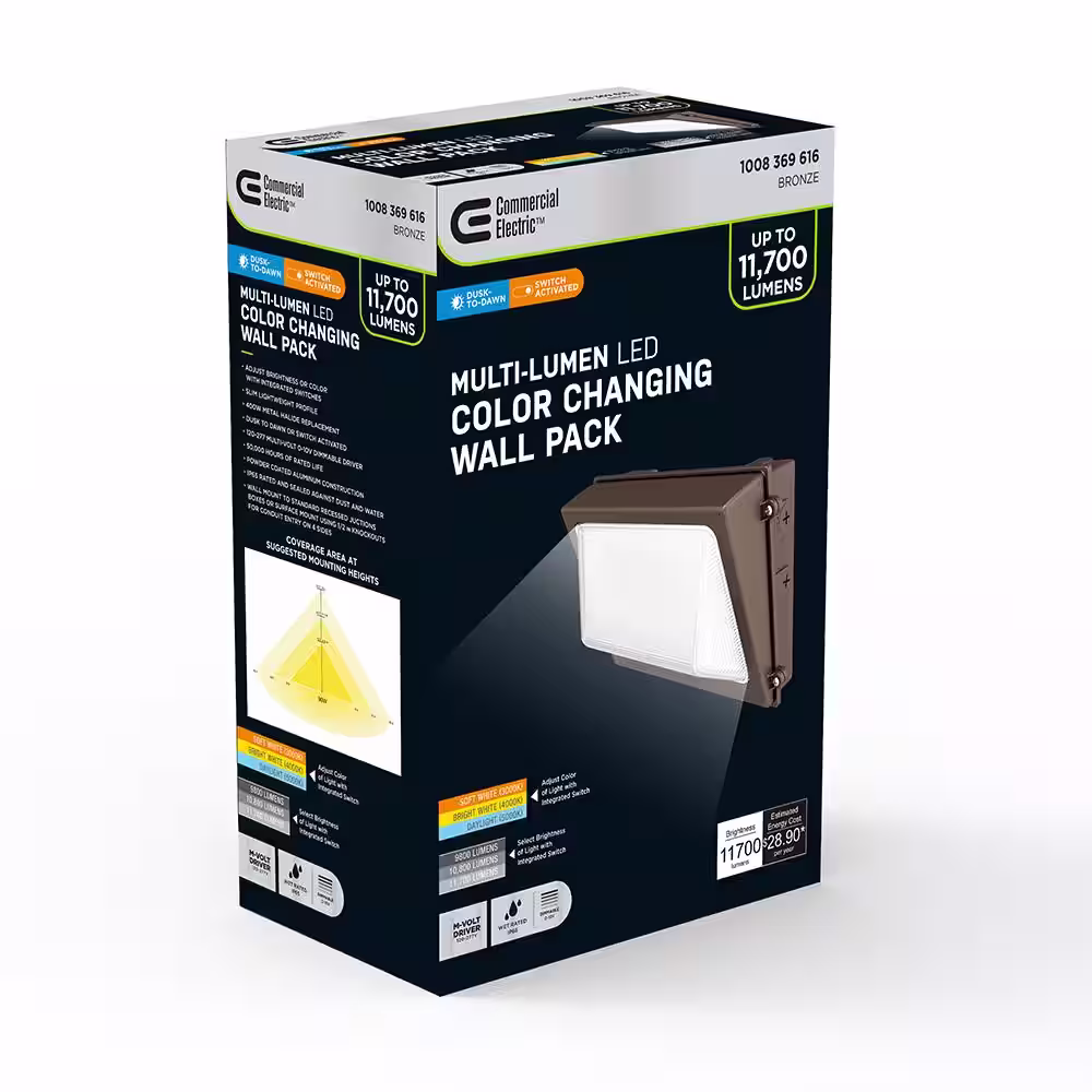Commercial Electric 400-Watt Equivalent, Integrated LED Bronze Dusk to Dawn Wall Pack Light, 3000K-5000K