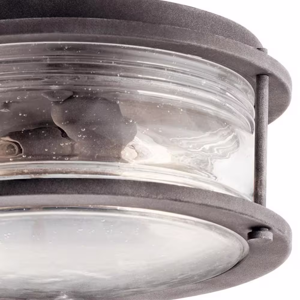 KICHLER Ashland Bay 2-Light Weathered Zinc Outdoor Porch Ceiling Flush Mount Light with Clear Seeded Ribbed Glass (1-Pack)
