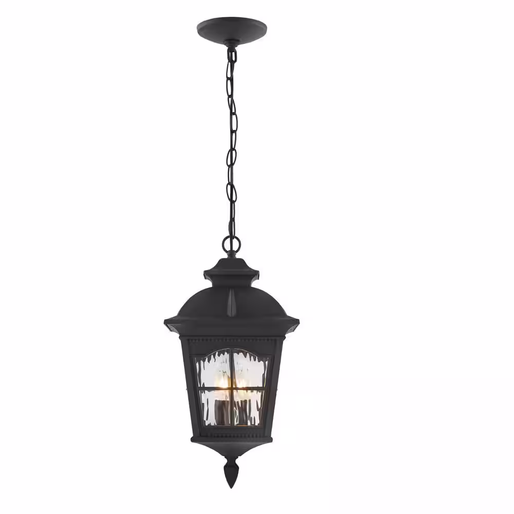 Home Decorators Collection Loridan Square 2-Light Black Outdoor Pendant Light Fixture with Clear Water Glass