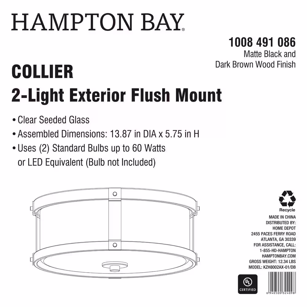 Hampton Bay Collier 2-Light Black and Dark Brown Outdoor Flush Mount Light with Clear Seeded Glass