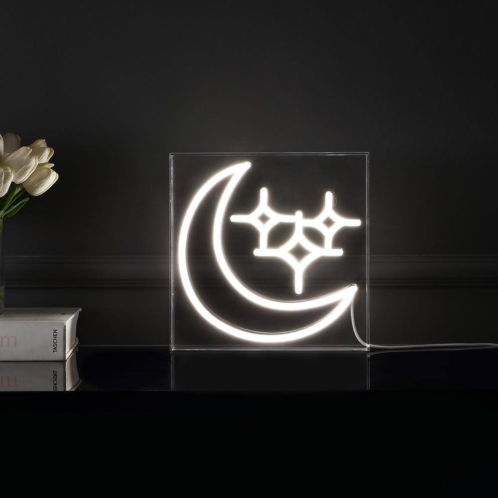JONATHAN Y Starry Crescent 10 in. Square Contemporary Glam Acrylic Box USB Operated LED Neon Night Light, White