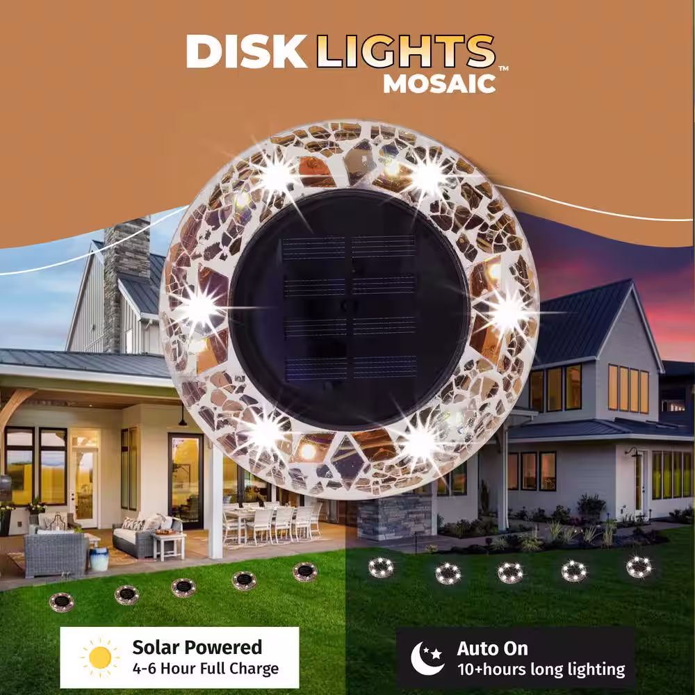 Bell + Howell Mosaic Disk Lights Solar Powered Light Brown LED Path Lights with Mosaic Glass Top (8-Pack)