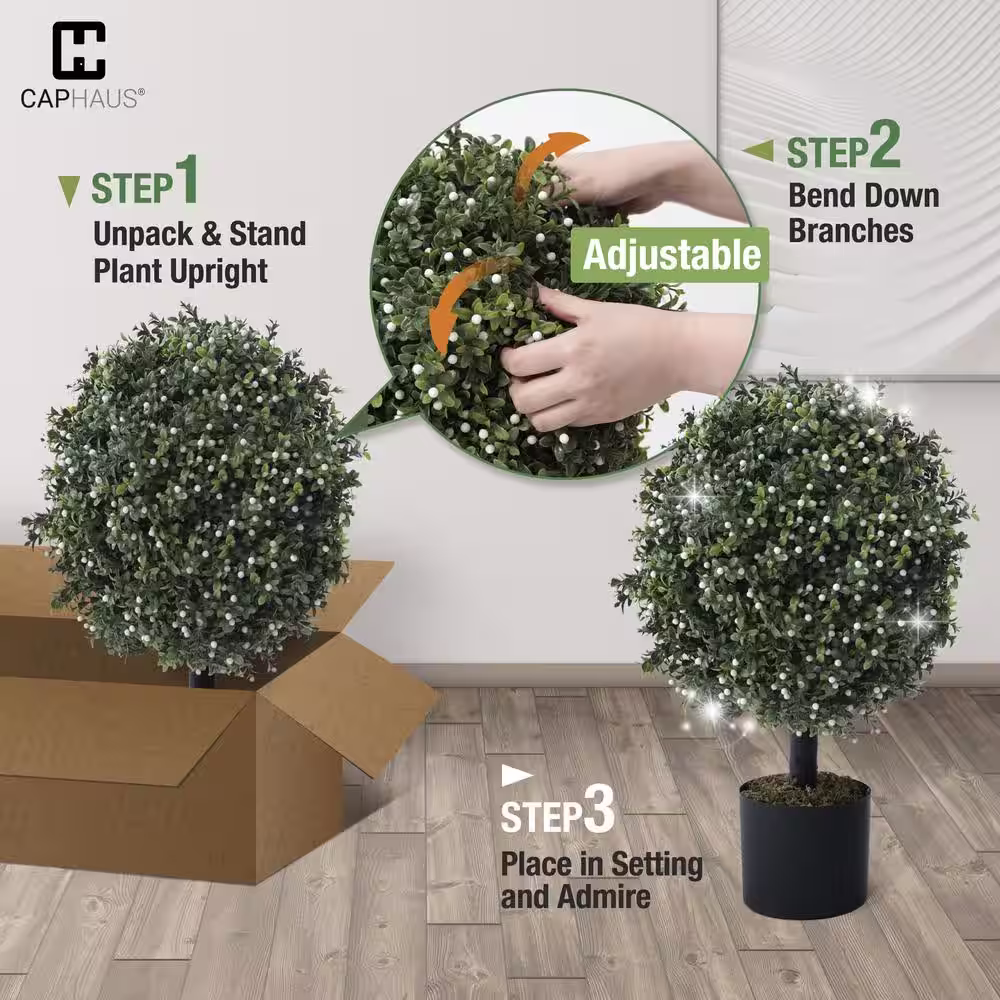 None 2 ft. Artificial Boxwood Topiary Ball Tree with Orange Flowers Artificial UV Resistant Bushes (Set of 2)