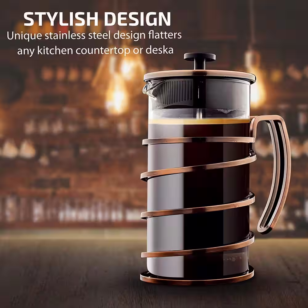 OVENTE French Press Coffee Maker, Stainless Steel Filter- Spiral Copper Camping Hot coffee press and tea maker,34 Ounce, FSW34C