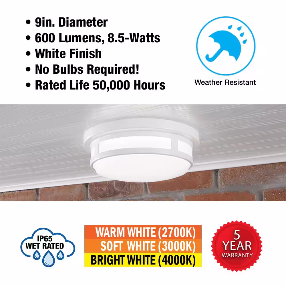 Hampton Bay 9 in. Round White Indoor Outdoor LED Flush Mount Ceiling Light Adjustable CCT 600 Lumens Wet Rated Front or Side Door