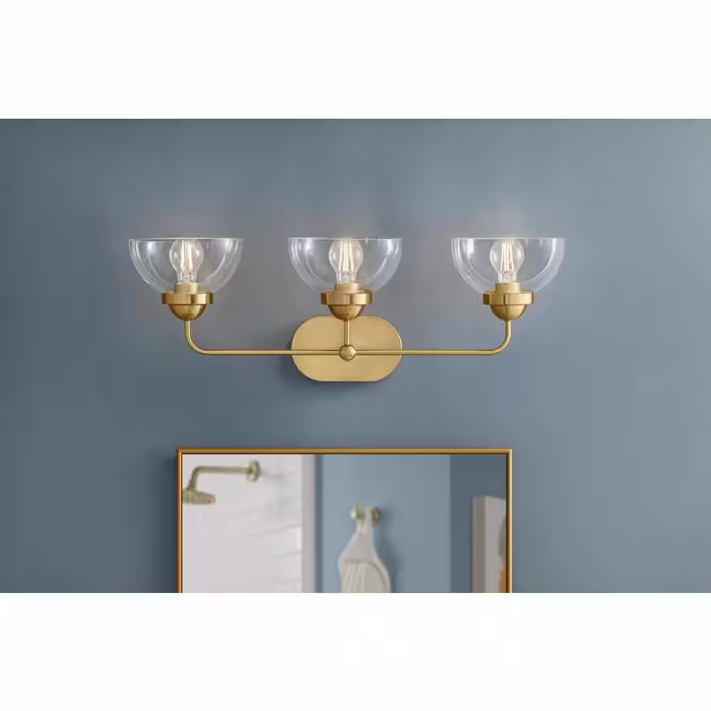 Home Decorators Collection Lowry 30 in. 3-Light Brushed Gold Vanity Light with Glass Shades