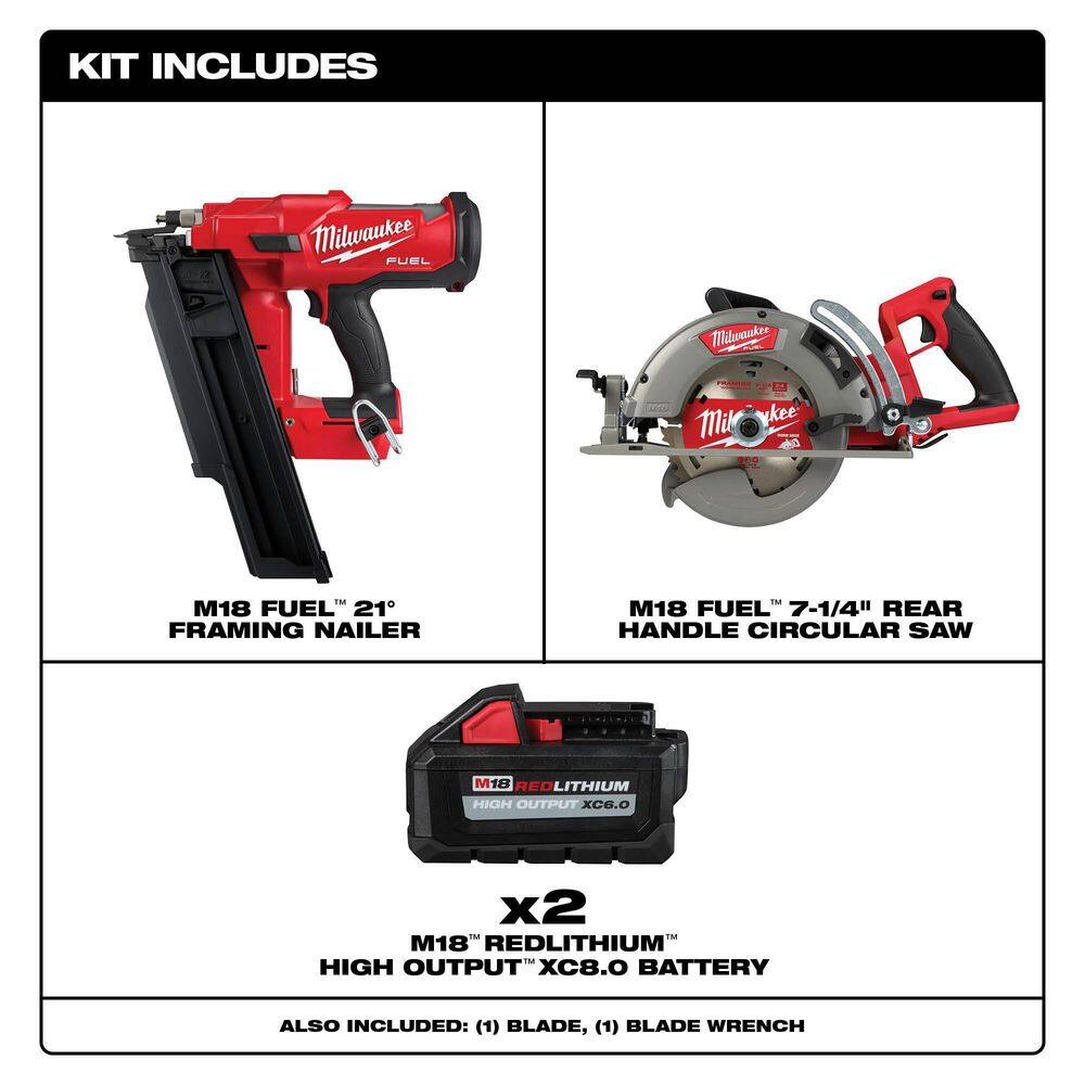 Milwaukee M18 FUEL 3-1/2 in. 18-Volt 21-Degree Lithium-Ion Brushless Cordless Nailer w/7-1/4 in. Rear Circ, Two 6Ah HO Batteries