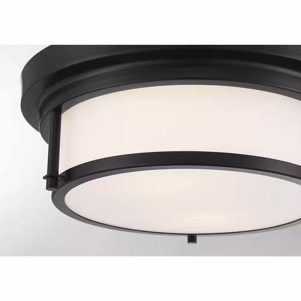 Savoy House 13 in. W x 4.5 in. H 2-Light Matte Black Outdoor Flush Mount Light with White Glass Cylindrical Shade