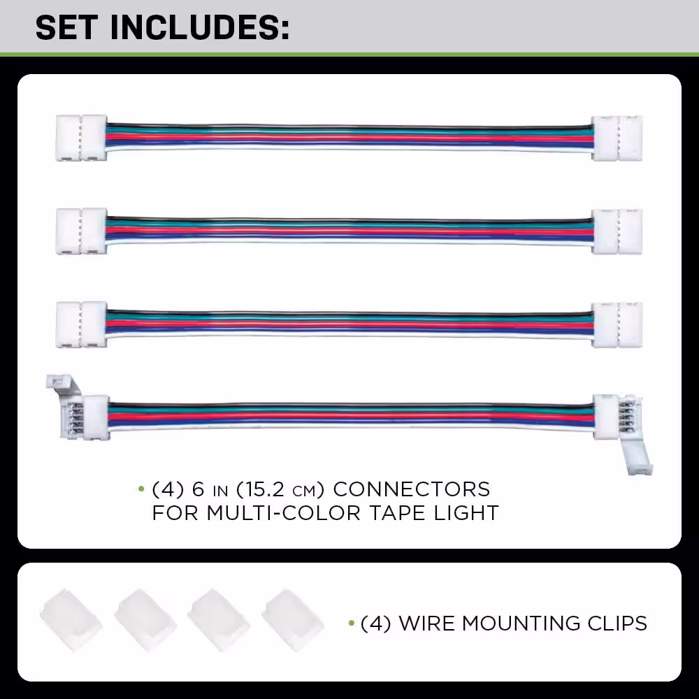 Commercial Electric 6 in. Connector Cord LED Strip Light Connector Pack (RGB+W) (4 in. x 6 in. Snap Connectors, 4 Wire Mounting Clips)