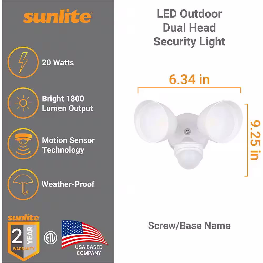 Sunlite 100-Watt Equivalent Integrated LED White Photocell Motion Sensor 1800 Lumen Outdoor Dual Head Security Area Light, 3000K