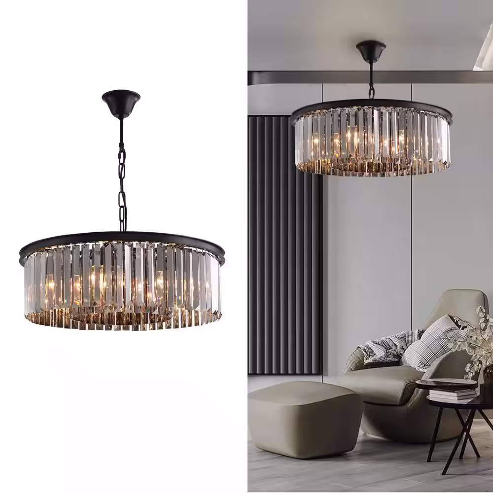 SILJOY 22 in. 6-Light Black Farmhouse Pendant Light Fixtures Crystal Drum Chandelier Dining Room Pendant Lighting