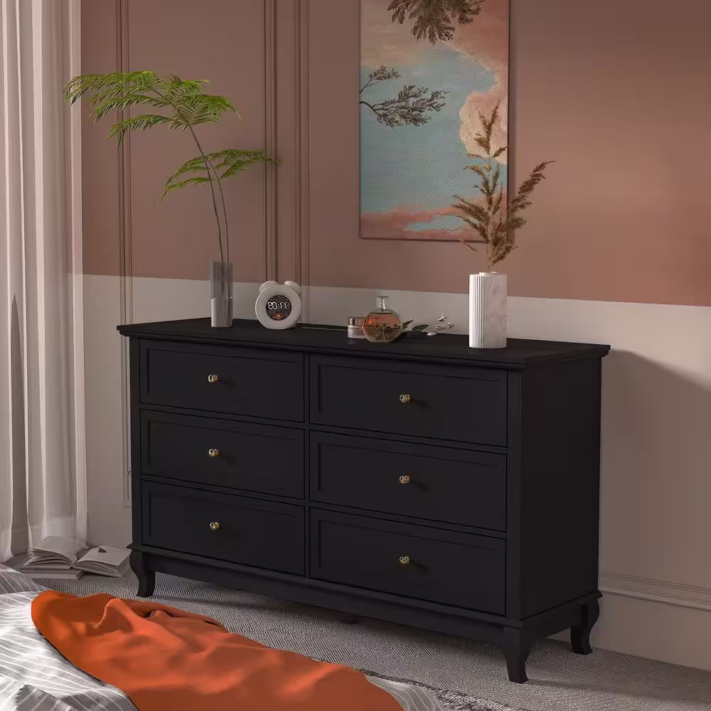 None 6-Drawers Eco-Friendly Paint Finish Black Wood Dresser Vanity Cabinet 55.1 in. W x 15.7 in. D x 31.5 in. H