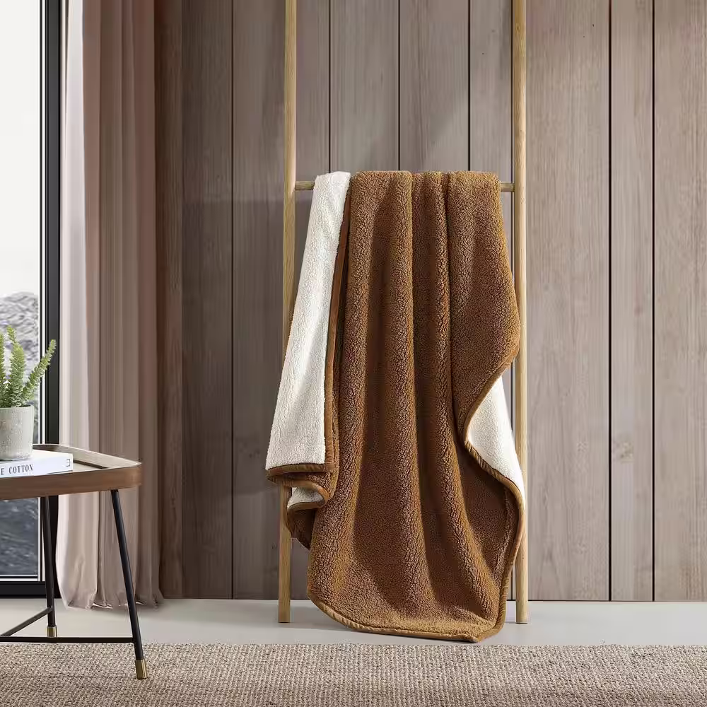 EDDIE BAUER Solid Bi Colored Sherpa Brown Microfiber Throw Blanket