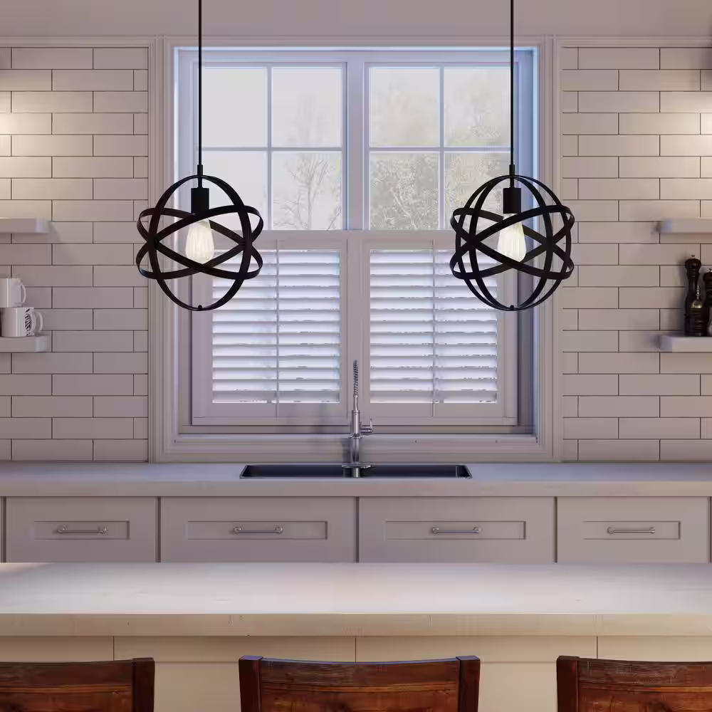 Home Decorators Collection Orbit 1-Light Black Mini Pendant with Black Metal Strap Design and Bulb Included