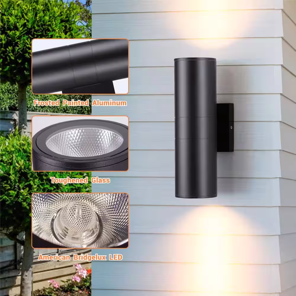 None Black Outdoor Hardwired Cylinder Wall Light Lantern Scone with Integrated LED Up Down Lights (4-Pack)