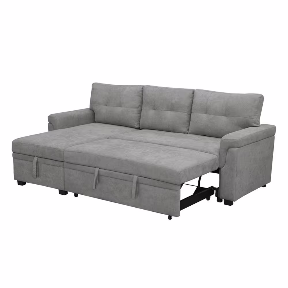 HOMESTOCK Gray Tufted Sectional Sofa Sleeper with Storage Twin Size Sofa Bed Fabric Velvet